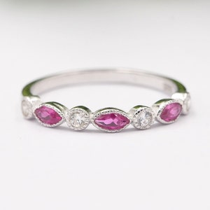 Marquise Ruby & CZ Diamond Ring: Sterling Silver Stacking Band