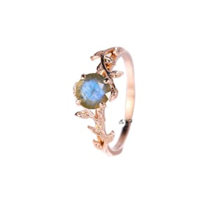 Anillo de compromiso de labradorita, anillo de labradorita en oro rosa de 14 k, anillo con piedra preciosa de corte redondo, anillo vintage, anillo de hoja, anillo de promesa para aniversario