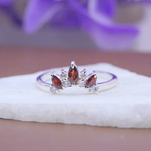 Garnet Wedding Ring Marquise Garnet Wedding Band Curved Wedding Band Birthstone Ring Stacking Ring Unique Ring Sterling Silver Ring