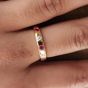 Ruby & Moissanite Wedding Ring / 14k Gold Shared Bezel Ruby Half Eternity Diamond Band / July Birthstone Ring/ Anniversary Ring For Unisex