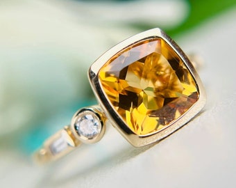 Citrine Ring, 14k Gold Ring, Vintage Citrine Diamond Ring, Cushion Cut Gemstone Ring, November Birthstone Ring, Statement Ring For Her
