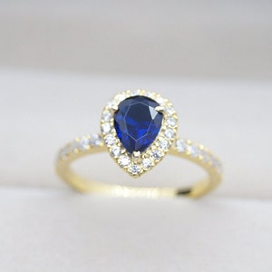 Sapphire Ring, 14k Gold Sapphire Ring, Pear Cut Sapphire Ring, Halo Ring, September Birthstone, Bridal Ring, Anniversary Gift For Women