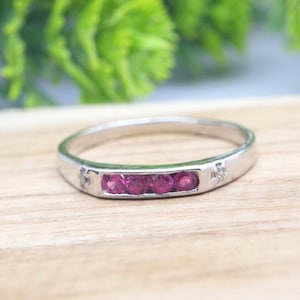 Natural Ruby Diamond Band, Half Eternity Ring, Ruby Wedding Band, Sterling Silver Ring, Dainty Ring, Vintage Ring, Anniversary Gift