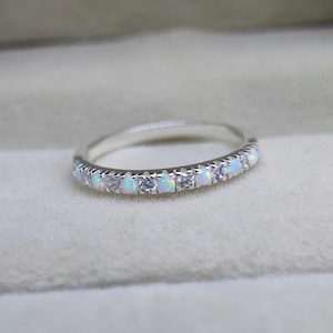Natural Opal Eternity Band, Opal Half Eternity Ring, Sterling Silver Opal Ring, Opal Wedding Band, Opal Stacking Ring, Birthstone Ring