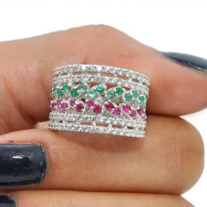 Natürlicher Smaragd und Rubin Ehering, 925 Sterling Silber Ring, Smaragd Verlobungsring, CZ Diamant Ring, Versprechen Ring, Ring für Frauen