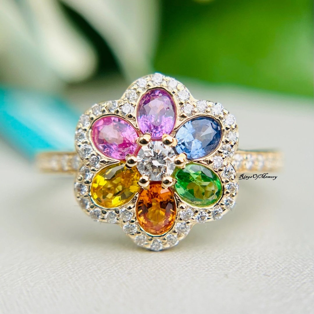 Natural Rainbow Sapphire Ring, 14k Gold Sapphire Ring, Flower Design ...