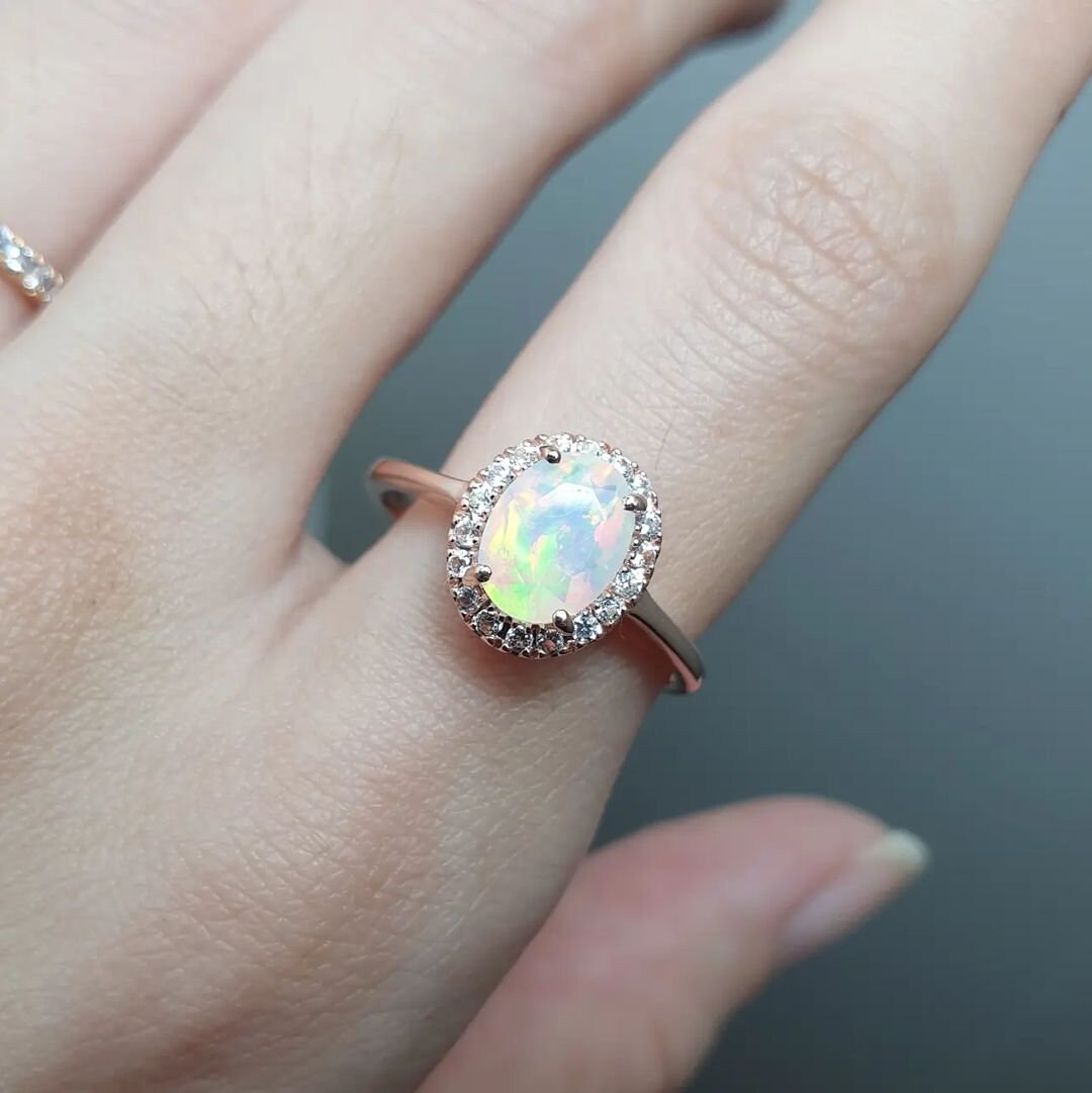 Oval Opal Ring, Vintage Opal Wedding Ring, White Opal Rose Gold Jewelry, Fire Opal Ring, Women's Opal Ring, October Birthstone, Promise Ring