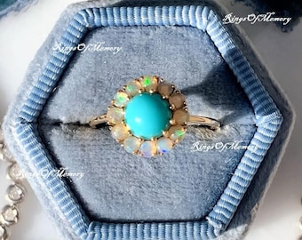 Aliança de casamento de turquesa natural e opala, anel vintage de turquesa, anel de halo, anel de noivado, anel com pedra de nascimento, anel de compromisso, anel de presente feminino