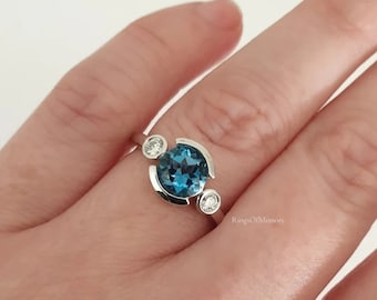 ラウンドロンドンブルートパーズリング：ツイストスターリングシルバー