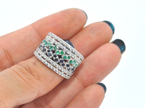 Natural Emerald and Sapphire Wedding Ring, 925 Sterling Silver