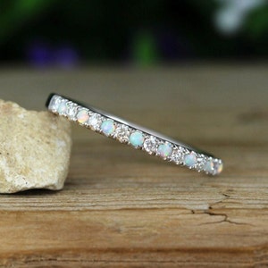 Natural Opal Eternity Band, Opal Half Eternity Ring, Sterling Silver Opal Ring, Opal Wedding Band, Opal Stacking Ring, Birthstone Ring