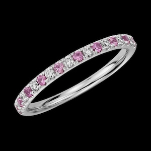 Natural Pink Sapphire & CZ Diamond Band, Half Eternity Band, Sterling Silver Band, Sapphire Wedding Band, Matching Band, Engagement Band