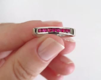 Natural Ruby Sterling Silver Wedding Band: Dainty Half Eternity Stacking Ring