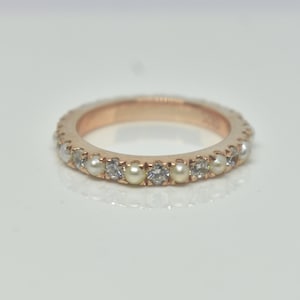 Pearl & CZ Diamond Eternity Band, 14k Rose Gold Band, June Birthstone, Pearl Ring Band For Women, Pearl Stacking Band, Pearl Promise Ring