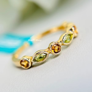 Peridot Citrine Engagement Band, 14k Gold Band, Half Eternity Band, Stacking Band, Natural Gemstone Ring, Vintage Band, Anniversary Gift