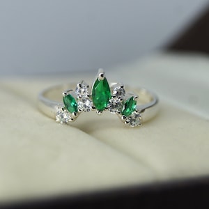 Emerald CZ Diamond Band, Emerald Wedding Band, Stackable Matching Band, Curved Band, Engagement Ring, Chevron Band Ring, Promise Ring