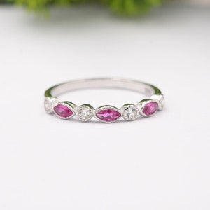 Marquise Ruby & CZ Diamond Ring, Ruby Wedding Ring, Sterling Silver Band, Marquise Gemstone Ring, Stacking Matching Band, Christmas Gift