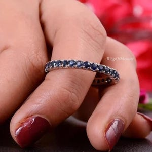 Natural Sapphire Wedding Band, Sterling Silver Eternity Full Band, Stacking Matching Band, Vintage Sapphire Band, Anniversary Gift For Her