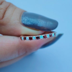 Natural Opal Garnet Band, Half Eternity Band, Opal Wedding Band, Stacking Band, Rose Gold Dainty Ring, Birthstone Ring, Matching Band Ring