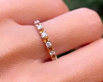 Natural Citrine Diamond Ring, Citrine Wedding Band, Vintage Band, 14k Gold Citrine Ring, Dainty Citrine Ring, November Birthstone, Gift Her