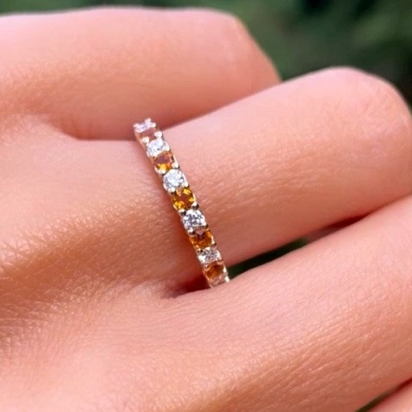 Natural Citrine Diamond Ring, Citrine Wedding Band, Vintage Band, 14k Gold Citrine Ring, Dainty Citrine Ring, November Birthstone, Gift Her