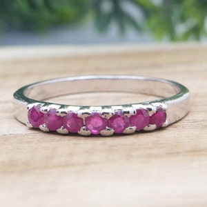Ruby Band Ring Half Eternity Pave Ruby Wedding Band Natural Ruby Stacking Ring Sterling Silver Ruby Anniversary Band July Birthstone Ring