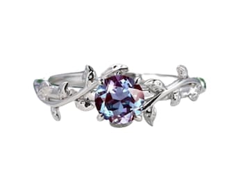 Alexandrite Ring, Alexandrite Wedding Ring, 925 Sterling Silver, Vintage Ring, Nature Inspired Leaf Ring, Round Gemstone Ring For Women