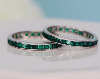 Emerald Wedding Band , Sterling Silver Band, Emerald Full Eternity Band, May Birthstone Ring, Matching Band Ring, Stacking Band Ring