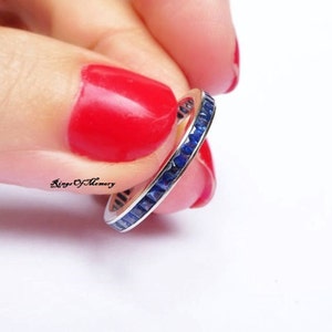 Sapphire Wedding Band, Sapphire Eternity Band, Sterling Silver Band, Stacking Matching Band, Promise Ring, Anniversary Gift