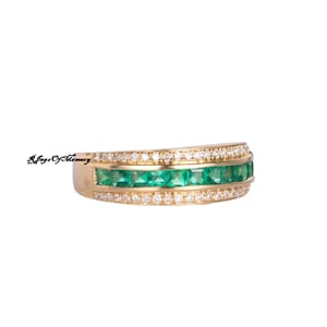Smaragd Füllwatte Band, Gelbgold Smaragd halb Eternity Ring, Smaragd Verlobungsring, Versprechen Ring, Bandring, Birthstone Ringband