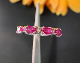 Natural Ruby Ring, Sterling Silver Ring, Ruby Wedding Ring, July Birthstone, Half Eternity Ring, Dainty Ruby Ring, Anniversary Gift For Her