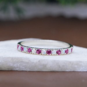Opal Ruby Wedding Ring, Dainty Opal Wedding Band, Half Eternity Ring Sterling Silver Ring, October Birthstone Ring, Anniversary Gift for Her