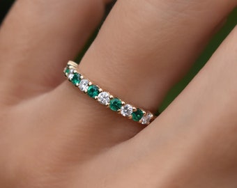 Natural Emerald Diamond Wedding Band, Half Eternity Band, 14k Gold Emerald Ring, Vintage Emerald Band, Emerald Stacking Ring, May Birthstone