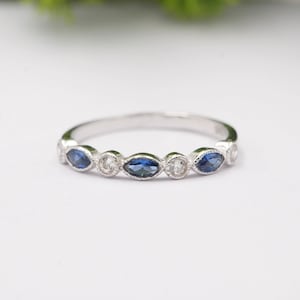 Marquise cut sapphire wedding band, Sterling silver round moissanite diamond ring, Dainty ring, Unique half Eternity Ring,  Anniversary band