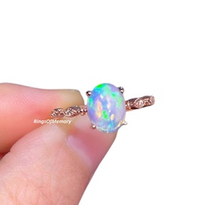 Natural Opal Ring, 14k Rose Gold Band, Fire Opal Wedding Ring, October Birthstone, Stacking Ring, Vintage Opal Ring, Engagement Ring For Her