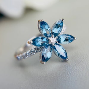 Swiss Blue Topaz Ring, Topaz Flower Design Sterling Silver Ring, November Birthstone Ring, Promise Ring, Anniversary Gift For Her