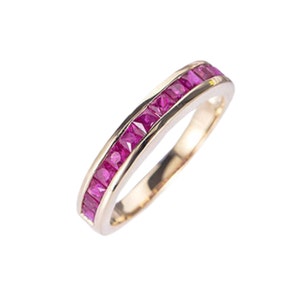 Ruby Wedding Band, 14k Yellow Gold Band, Ruby Eternity Band, July Birthstone, Stacking Ring Half Eternity Band, Engagement Ring Gift For Her
