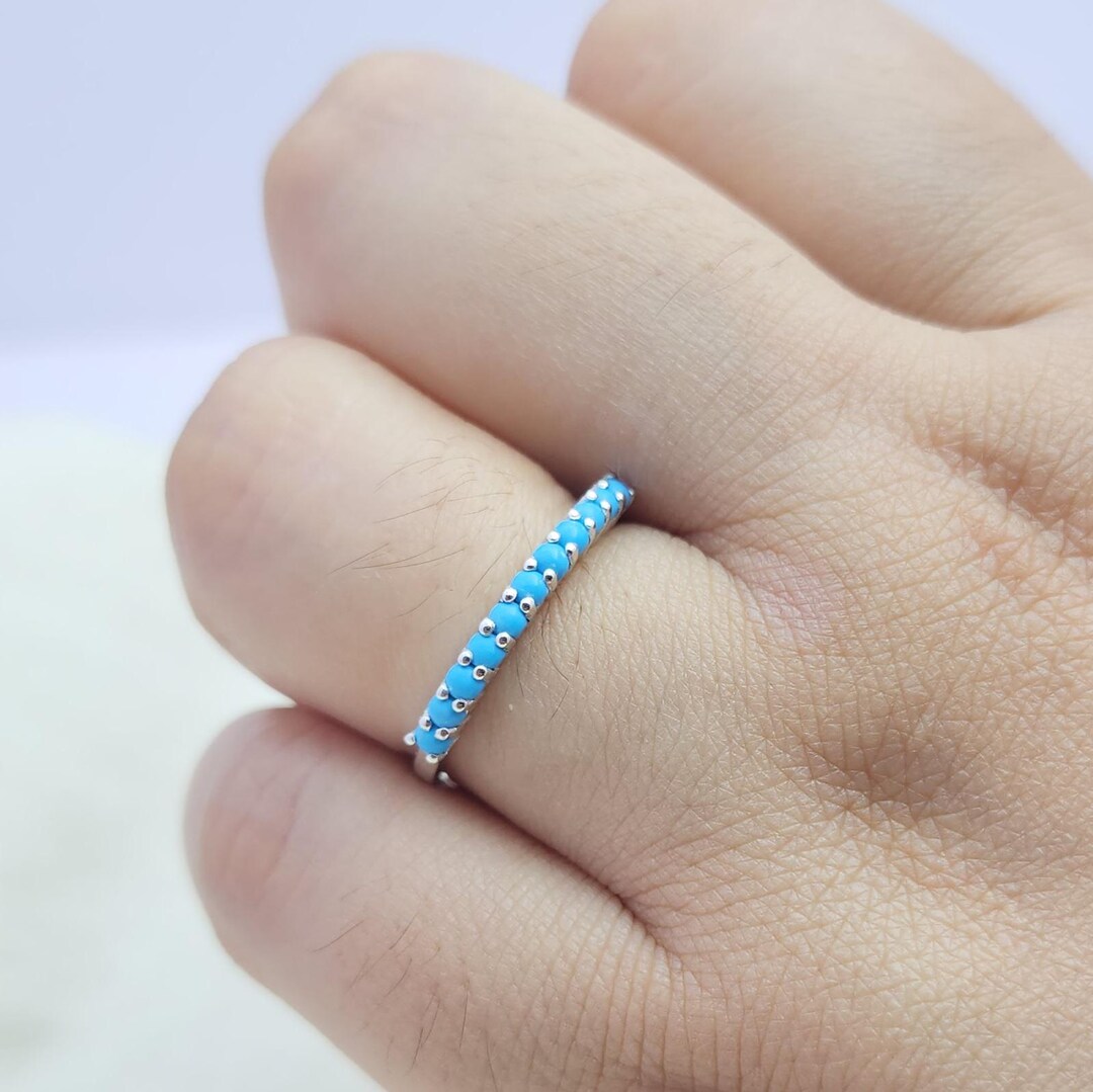 Bague Ancienne En Argent Massif 925 - Jonc Alliance Turquoise - Taille 51 - Occasion