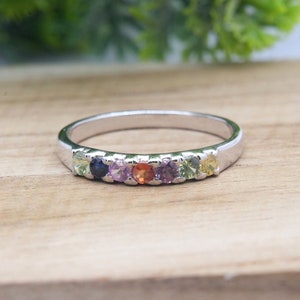 Multi Sapphire Ring, Natural Colorful Gemstone Ring, Half Eternity Band, Minimalist Precious Stone Band, Rainbow Band Silver, Christmas Gift