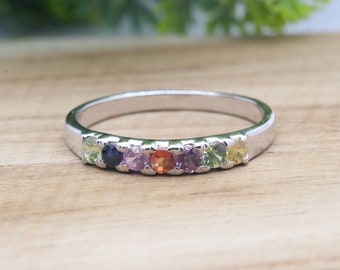 Multi Sapphire Ring, Natural Colorful Gemstone Ring, Half Eternity Band, Minimalist Precious Stone Band, Rainbow Band Silver, Christmas Gift
