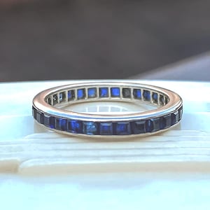 Anillo de bodas vintage de zafiro, anillo de bodas de plata esterlina con corte escudero, anillo apilable único, anillo a juego, anillo nupcial, anillo de aniversario.