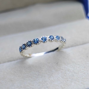 London Blue Topaz Wedding Band, Sterling Silver Blue Topaz Half Eternity Band, Stacking Matching Band. Dainty Ring, Christmas Gift For Her