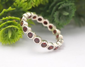 Natural Garnet Wedding Band, Sterling Silver Garnet Full Eternity Band, January Birthstone, Matching Band, Stackable Ring, Christmas Gift