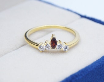 Marquise Garnet Wedding Ring: Sterling Silver January Birthstone Band