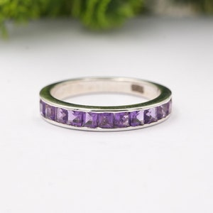 Amethyst Wedding Band, Half Eternity Ring, 925 Sterling Silver Stacking Ring, February Birthstone, Purple Amethyst Ring For Her