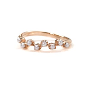 Pearl Wedding Ring, 14k Rose Gold Band, June Birthstone, Natural Pearl Half Band For Women, Pearl Stacking Band, Pearl Promise Ring