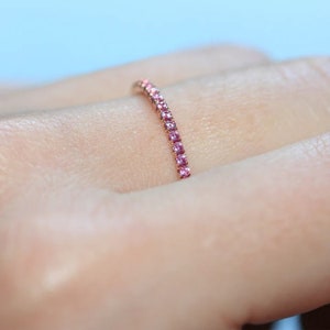 Real Pink Sapphire Wedding Band, Pink Sapphire Full Eternity Band, Sterling Silver Stackable Sapphire Ring, Round Cut Pink Sapphire Band