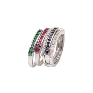 Conjunto de anéis intercambiáveis de esmeralda, rubi, safira e diamante, conjunto de alianças de casamento de prata esterlina 925 para ela, presente para ela