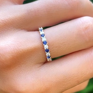 Diamond Blue Sapphire Wedding Band, 2mm Half Eternity Ring, 14k Sapphire Diamond Stack Ring, 2 Birthstone Anniversary Ring, Mother Day Gift