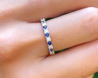 Diamond Blue Sapphire Wedding Band, 2mm Half Eternity Ring, 14k Sapphire Diamond Stack Ring, 2 Birthstone Anniversary Ring, Mother Day Gift